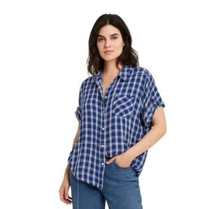 BP Nordstrom Blouse Blue White Plaid Button Shirt Small Top Preppy Casual